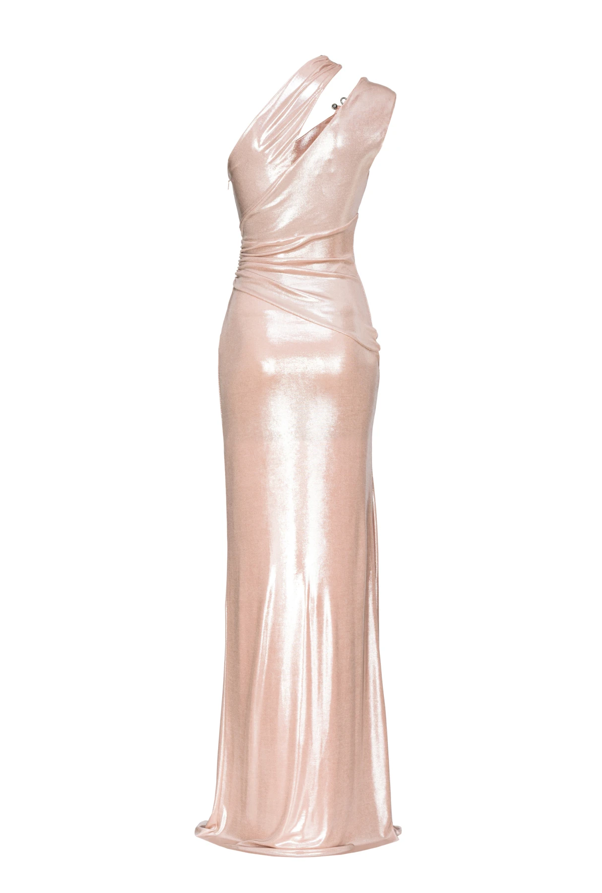 laminated one-shoulder Long dress with slit Gallery