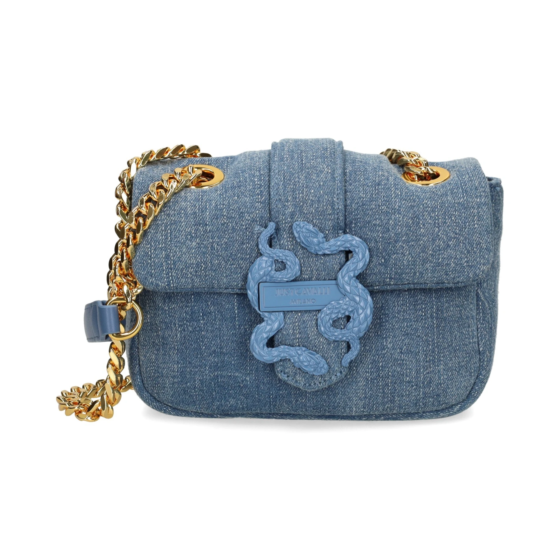 Denim Crossbody Bag with Snake Embellishment and Gold Chain Gallery