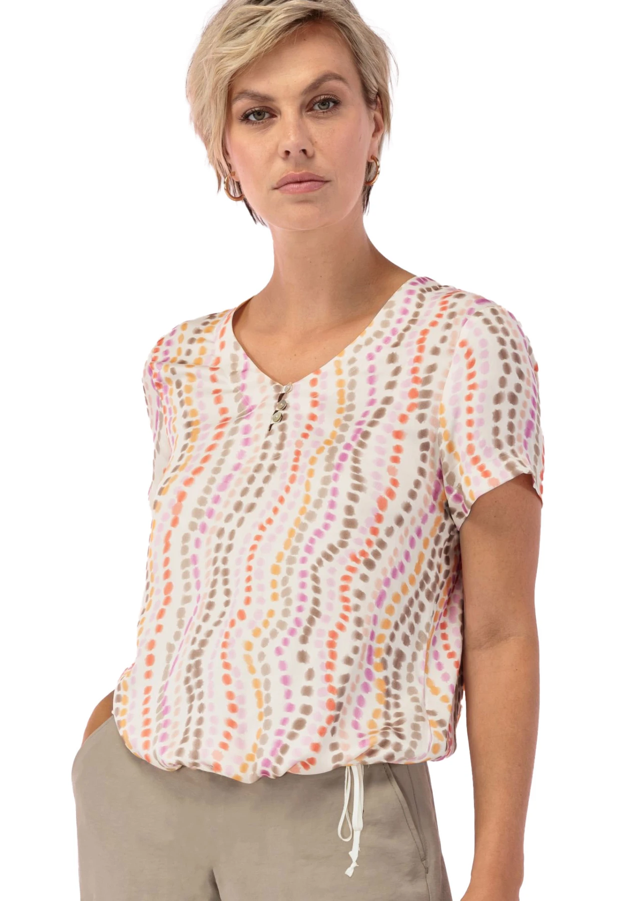 Abstract Dotted V-Neck Blouse with Drawstring Hem Gallery