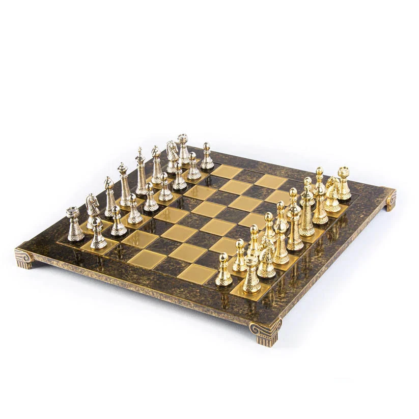 Classic Metal Staunton Chess set with Gold & Silver Chessmen & 44cm Chessboard in Brown Gallery