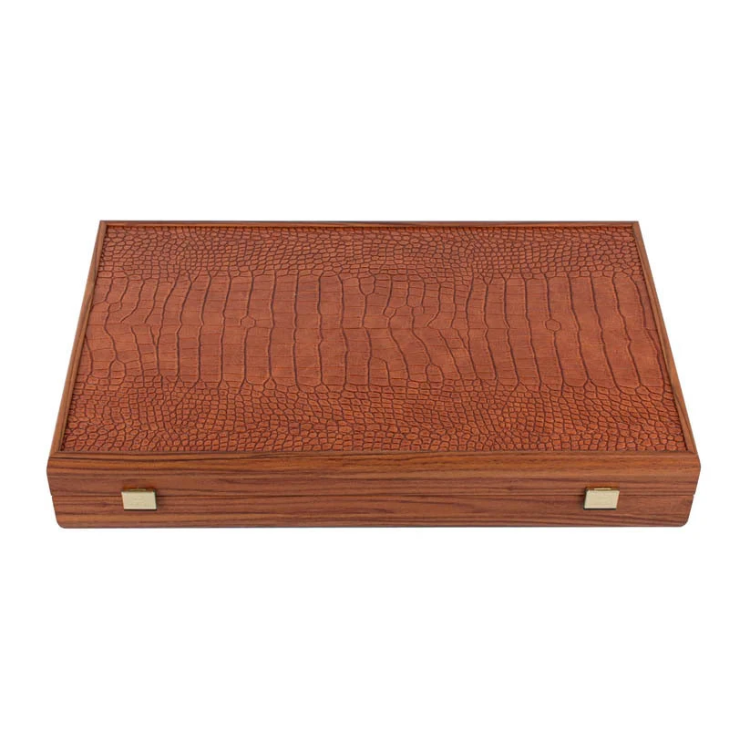 Handmade Crocodile Tote in Caramel Brown Inlaid Leatherette Backgammon with Side racks 48x30cm Gallery