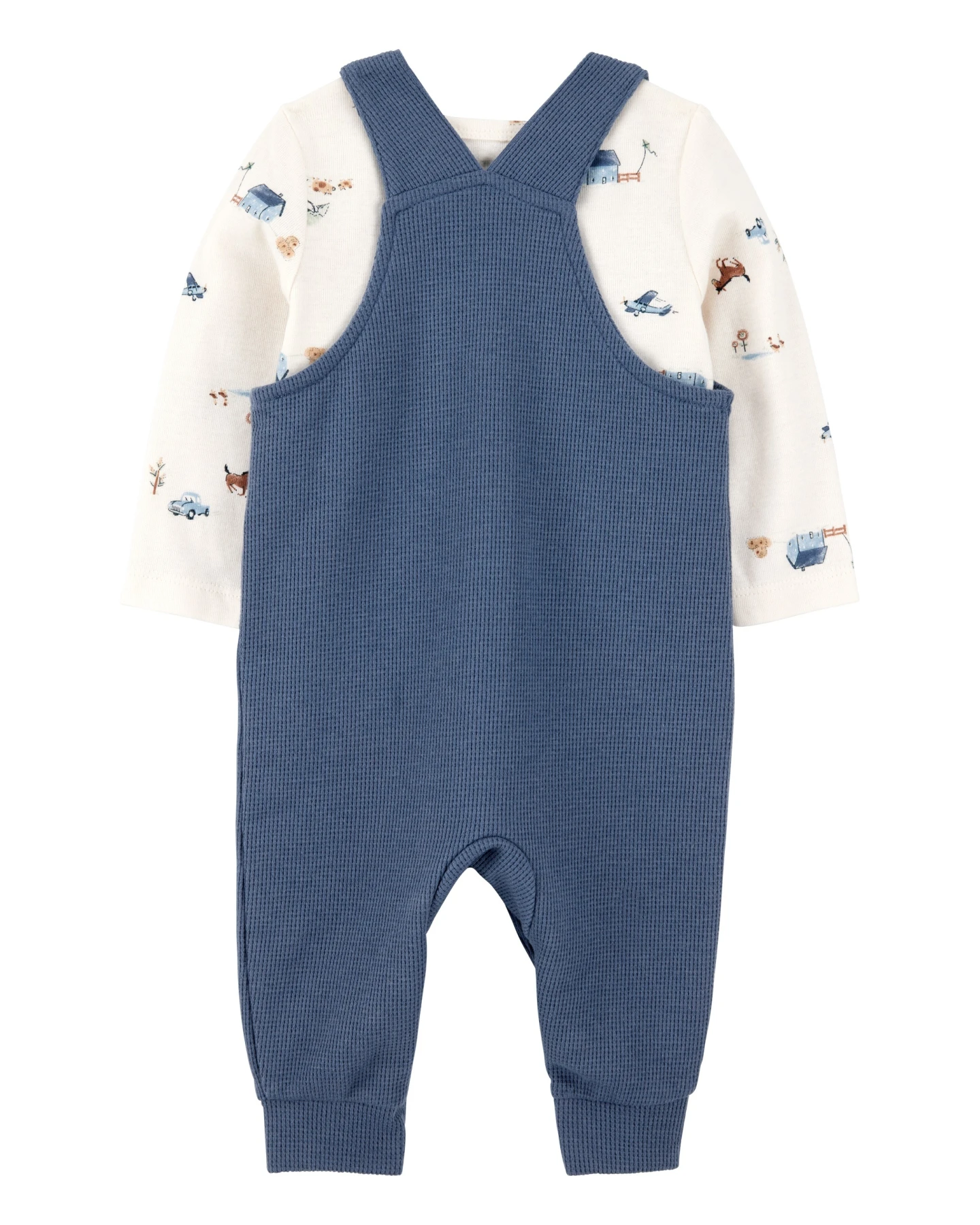 2-Piece Long-Sleeve Tee & Waffle Knit Coverall Set - Blue/White Gallery