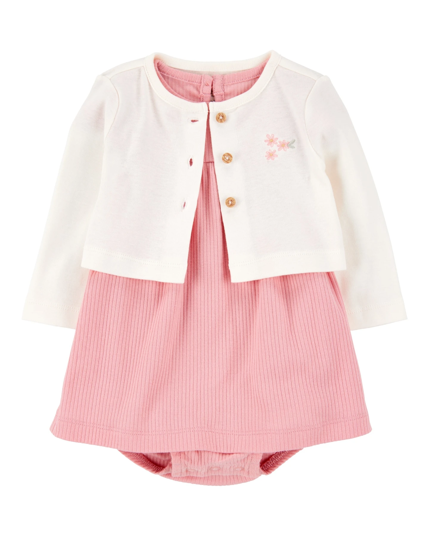 2-Piece Bodysuit Dress & Cardigan Set - Pink/Ivory Gallery