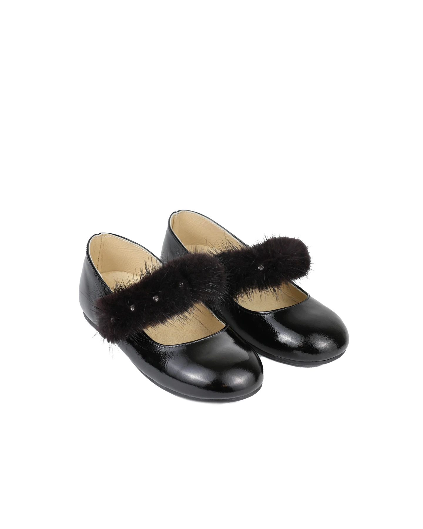 MINK FUR BAND WITH CRYSTALS  DECORATED BAND  EMBELLISHED PATENT LEATHER SINGLE STRAP BALLERINAS Gallery