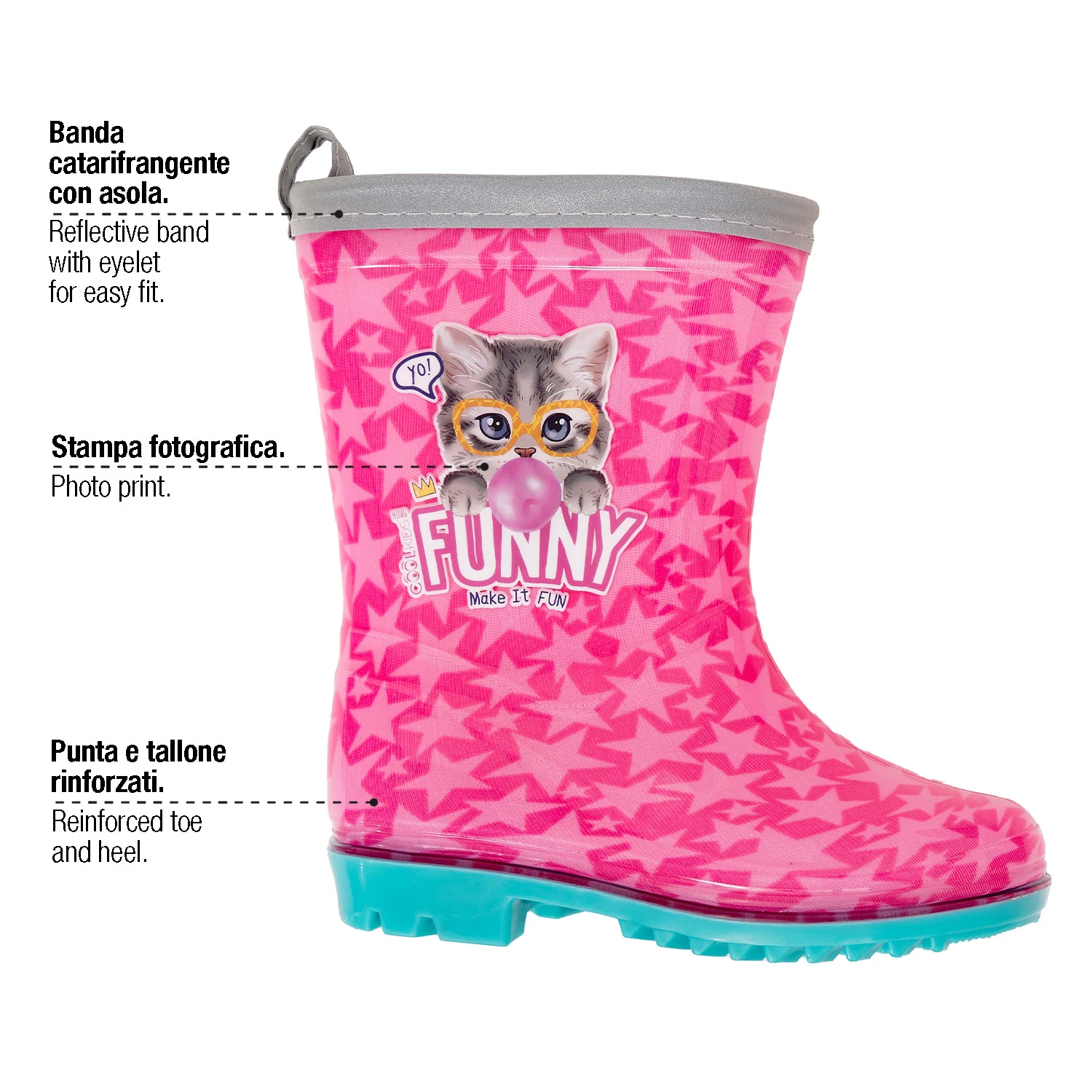fuchsia funny cat rainboots with reflective details Gallery