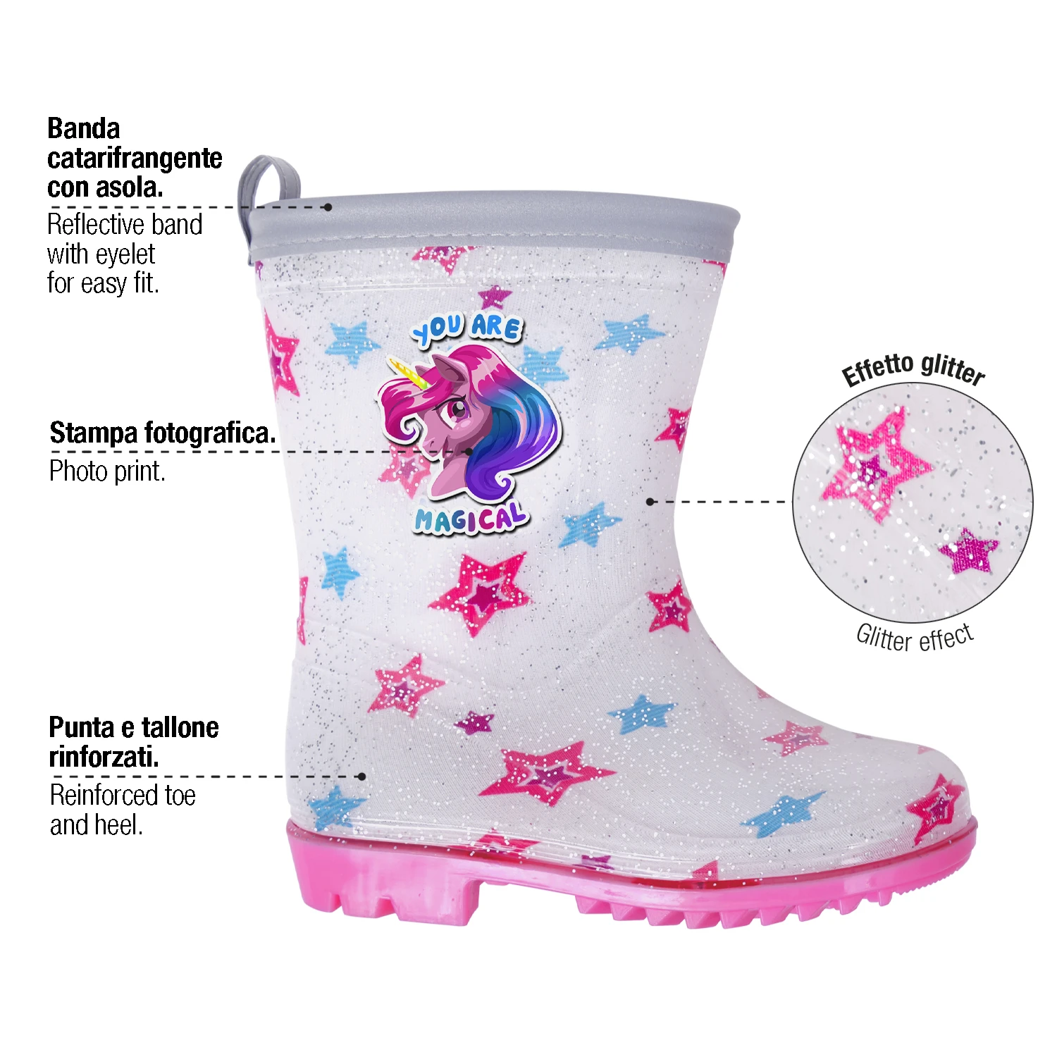 sparkly unicorn rainboots with reflective details Gallery
