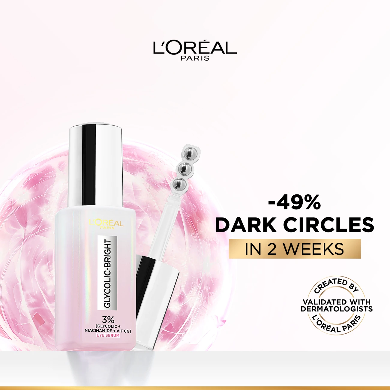 L'Oréal Paris Glycolic [3% Glycolic Acid  + Vitamin CG + Niacinamide] Eye Serum For Dark ircles, Brighten Eyes 20ml. Gallery