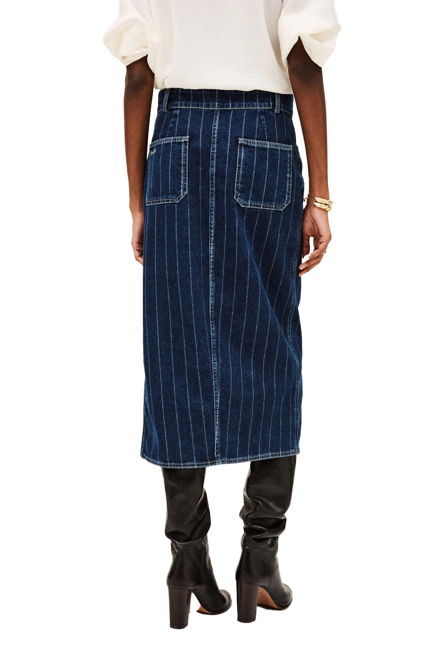 Striped Denim Midi Skirt with slit Gallery