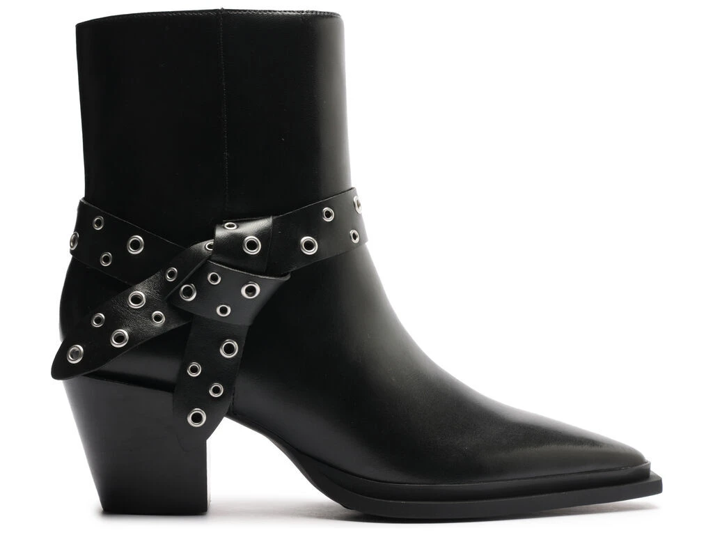 Leather Pointed-Toe Ankle Boots with a Tie-Around Studded Strap Gallery