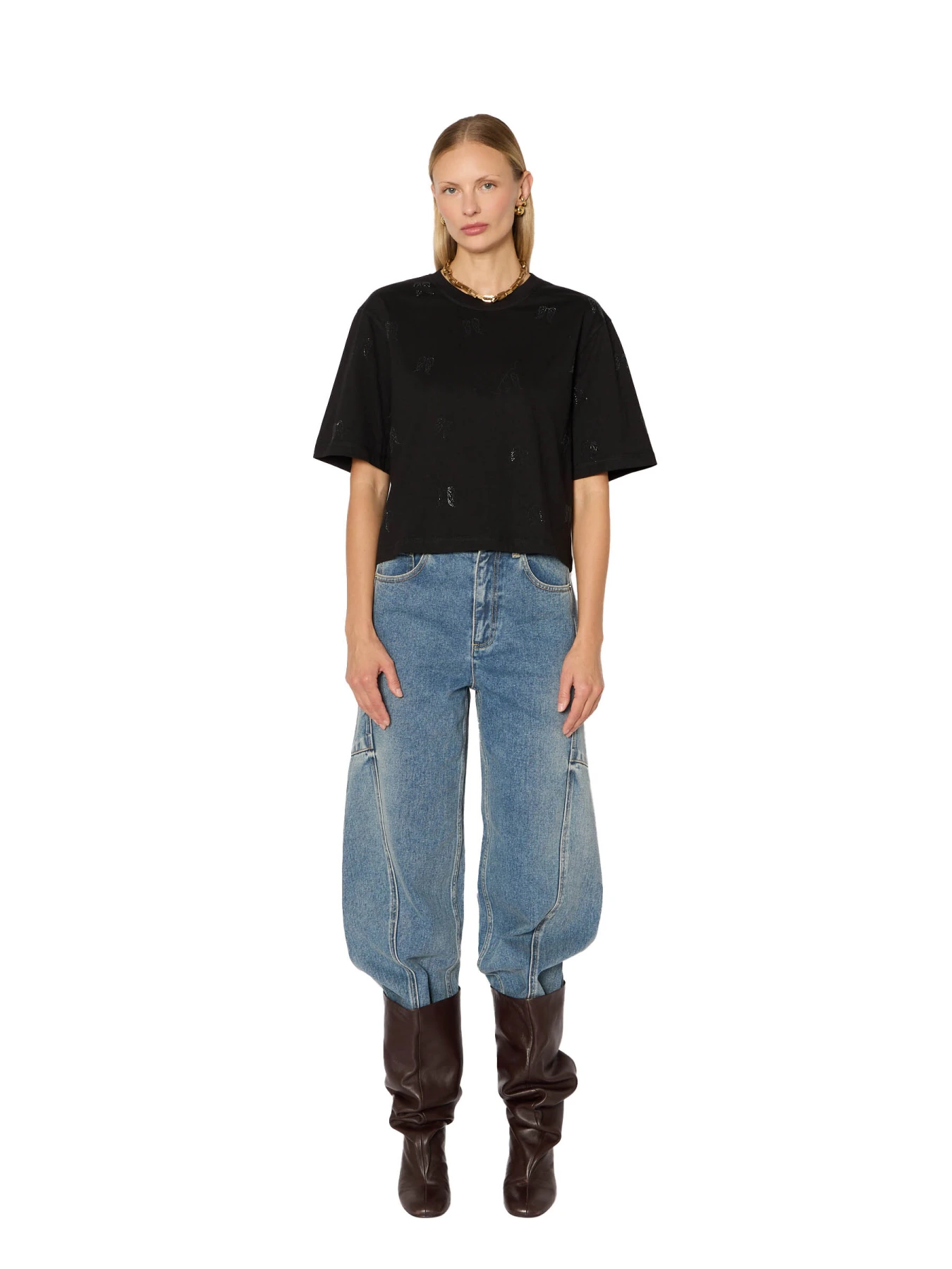 Round-neck Short Sleeve T-shirt with All-over Rhinestone Wings Gallery