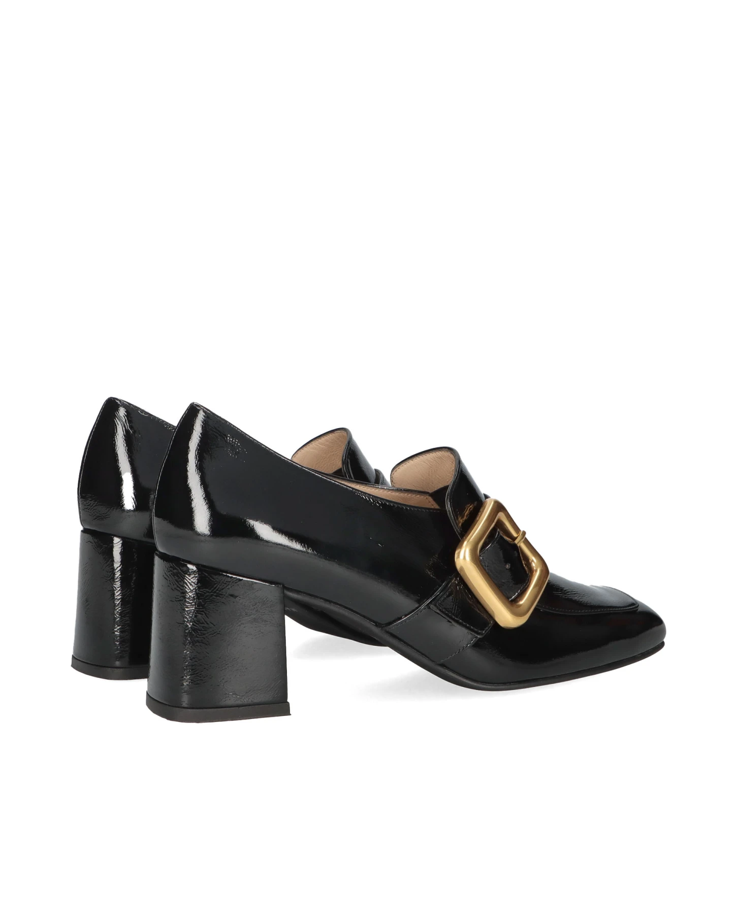 Patent Leather Block Heel Loafer Pump with Gold Buckle Gallery