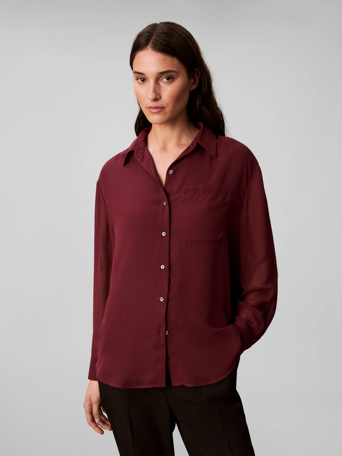 Sheer-Sleeve Button-Down Shirt Gallery