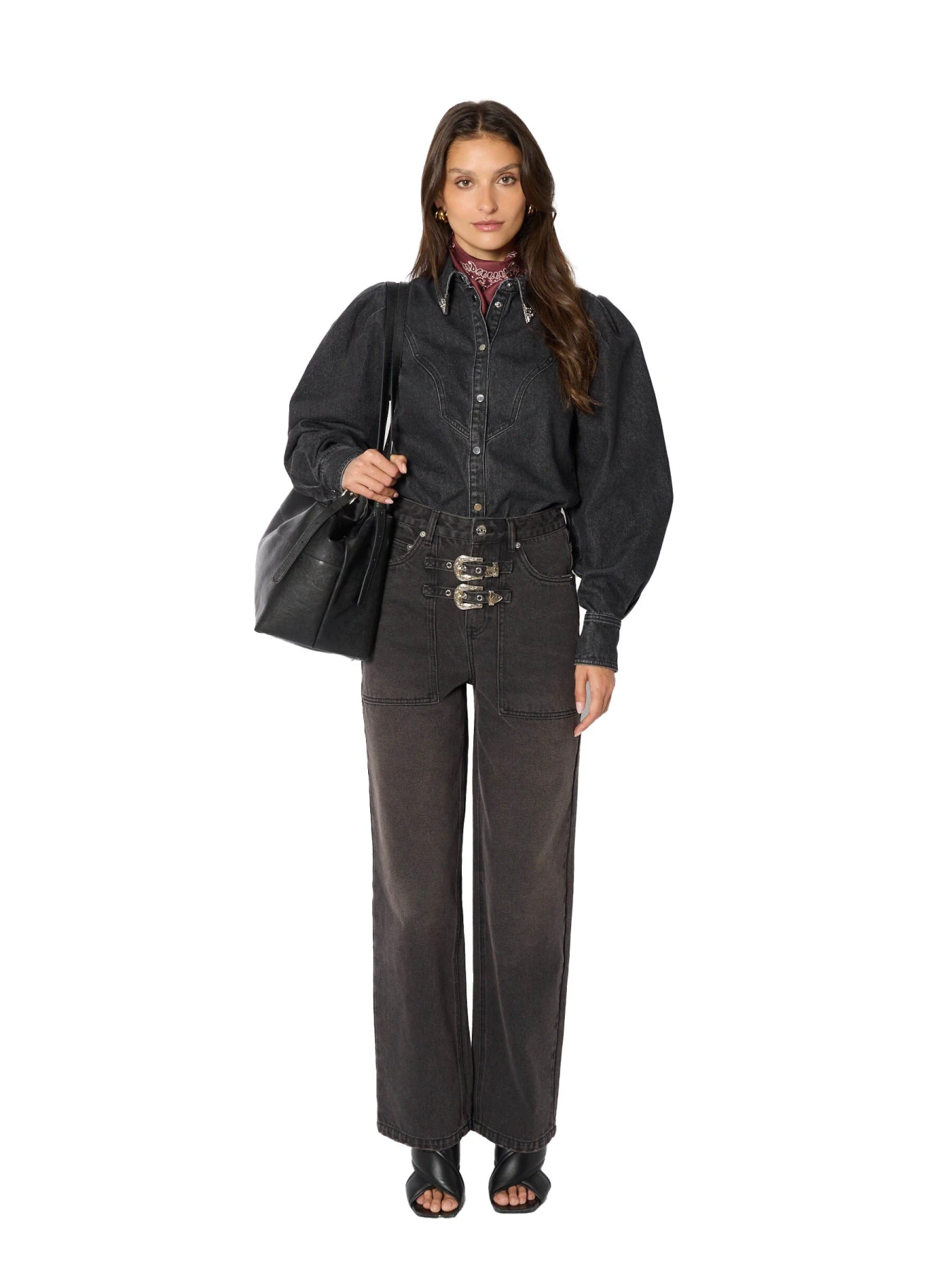 Wide Straight Jeans with Cowboy Buckle Waist Details Gallery