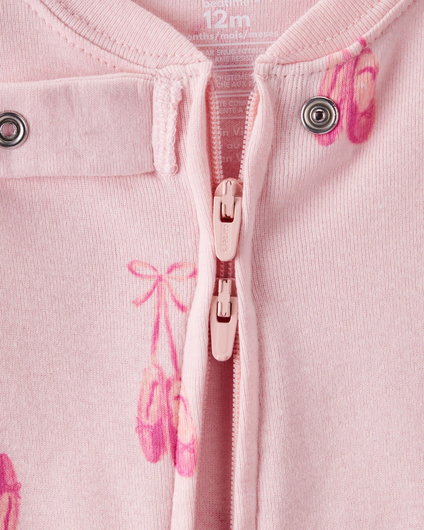 Baby Girl Ballet Print 100% Cotton Long-Sleeve 2-Way Zip 1-Piece Pajamas - Pink Gallery