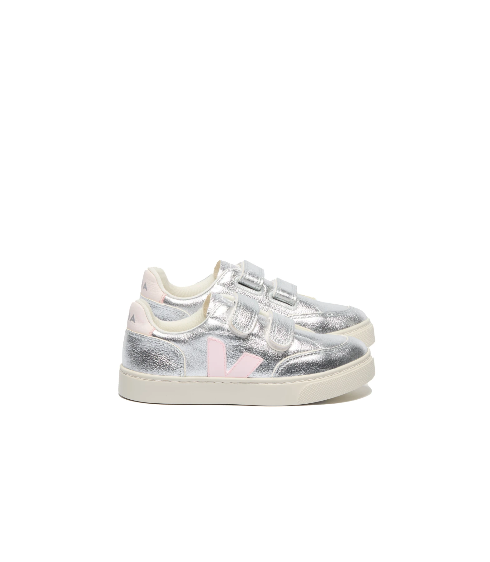Metallic Silver V-12 Velcro Sneakers with Pink Accents - Kids Gallery