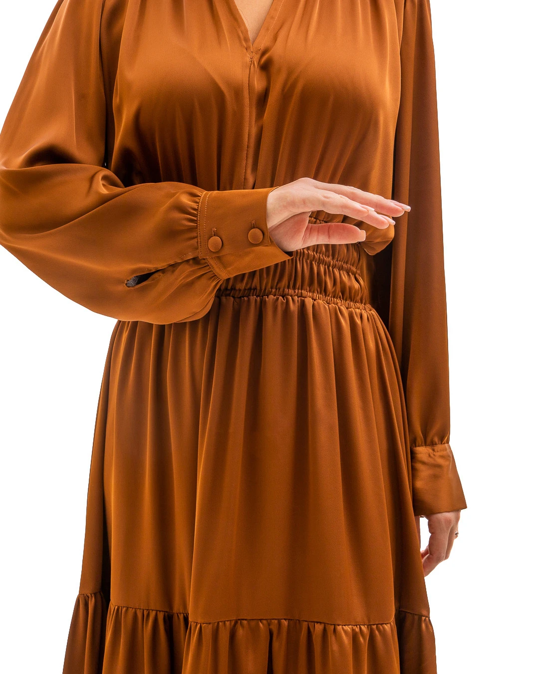 Satin Maxi Dress with Shirred Waist and Tiered Skirt Gallery