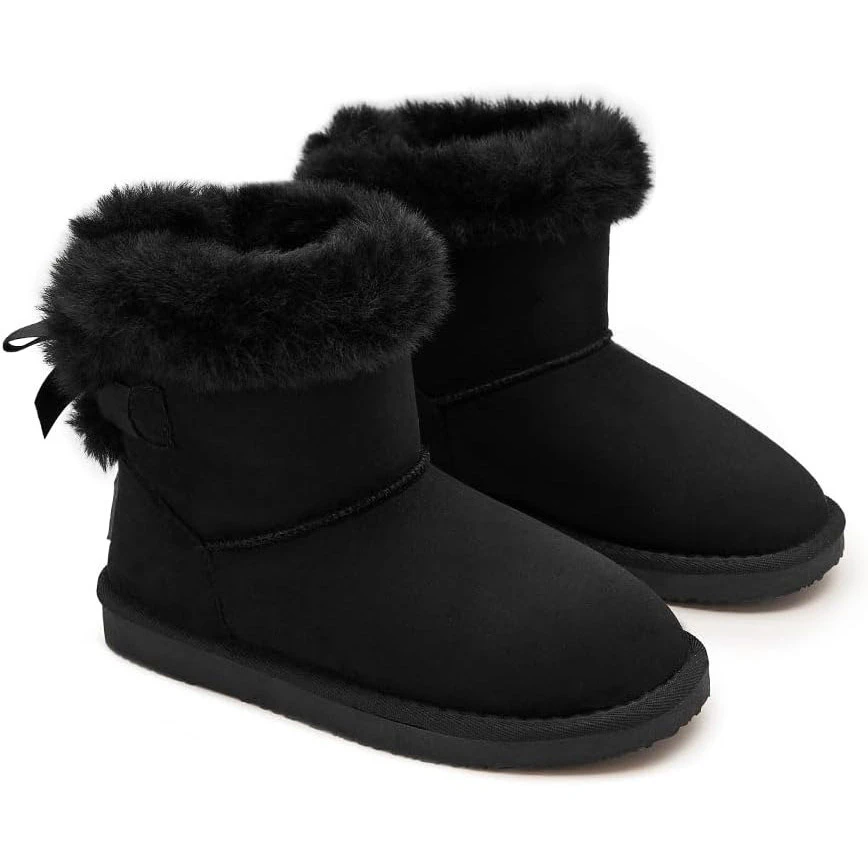 Suede-Style Winter Boot with Faux Fur Trim and Back Bow Gallery