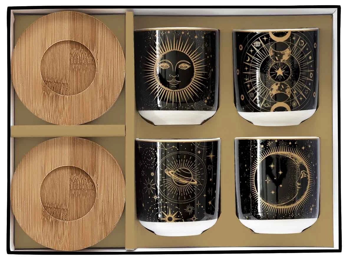 Set 4 Porc.Coffee Cups 110 Ml & Bamboo Saucers In Gift Box Celestial Gallery