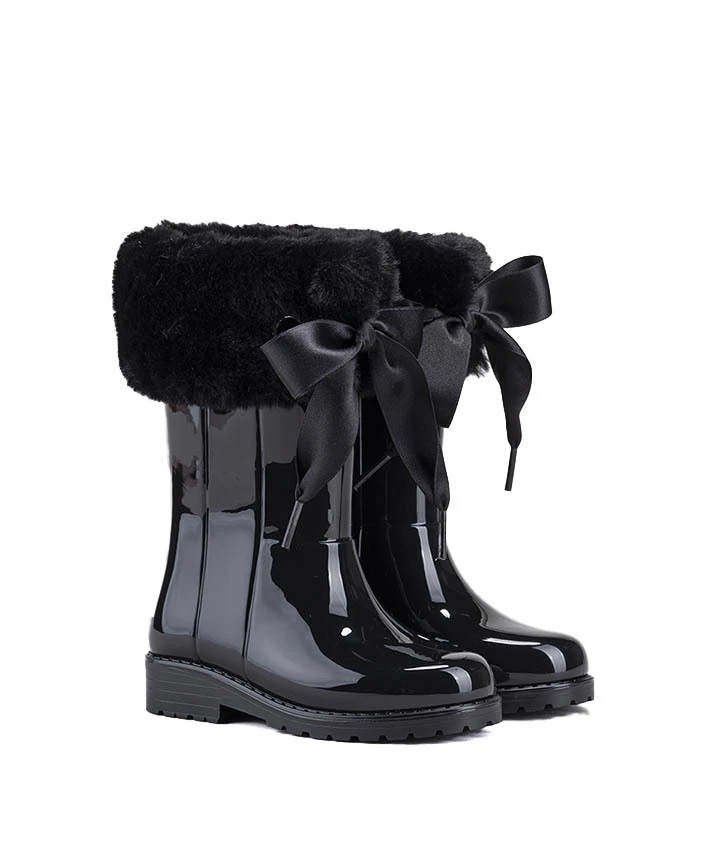 Faux-Fur Trimmed Ribbon Rain Boots Gallery