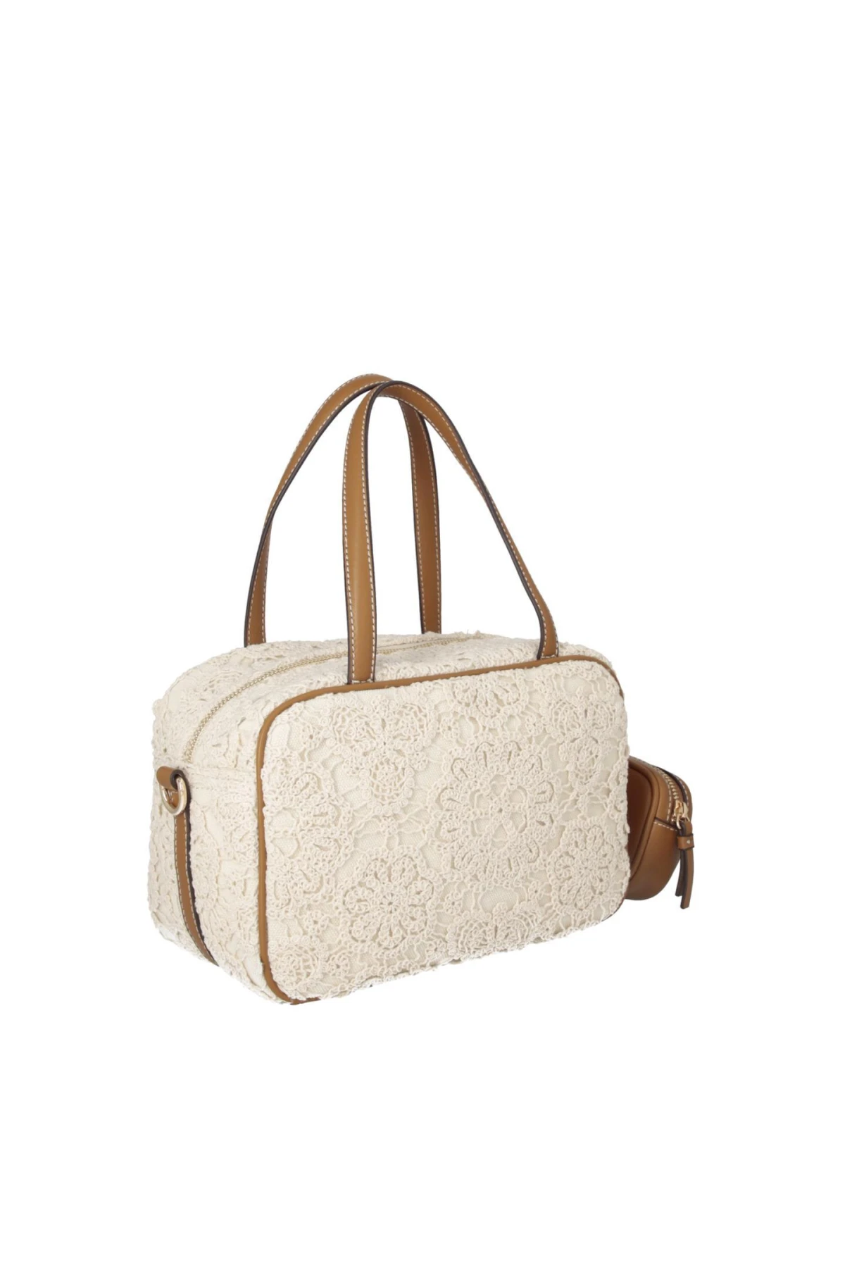 Denim-Effect Boston Bag with Contrast Logo and Shoulder Strap Gallery