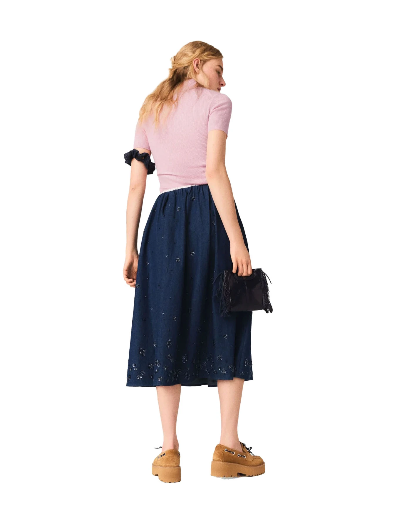 Embroidered Denim Midi Skirt Gallery