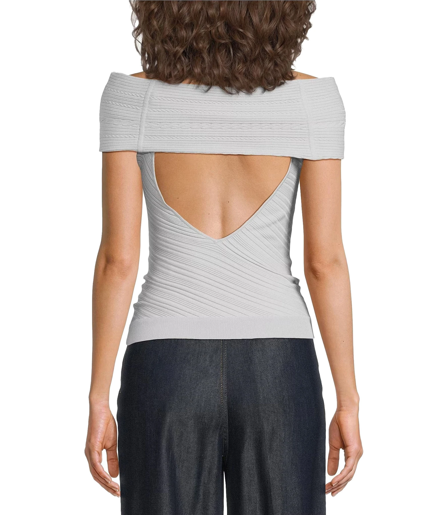 Textured Knit Bardot Collar Sleeveless Asymmetrical Hem Top Gallery