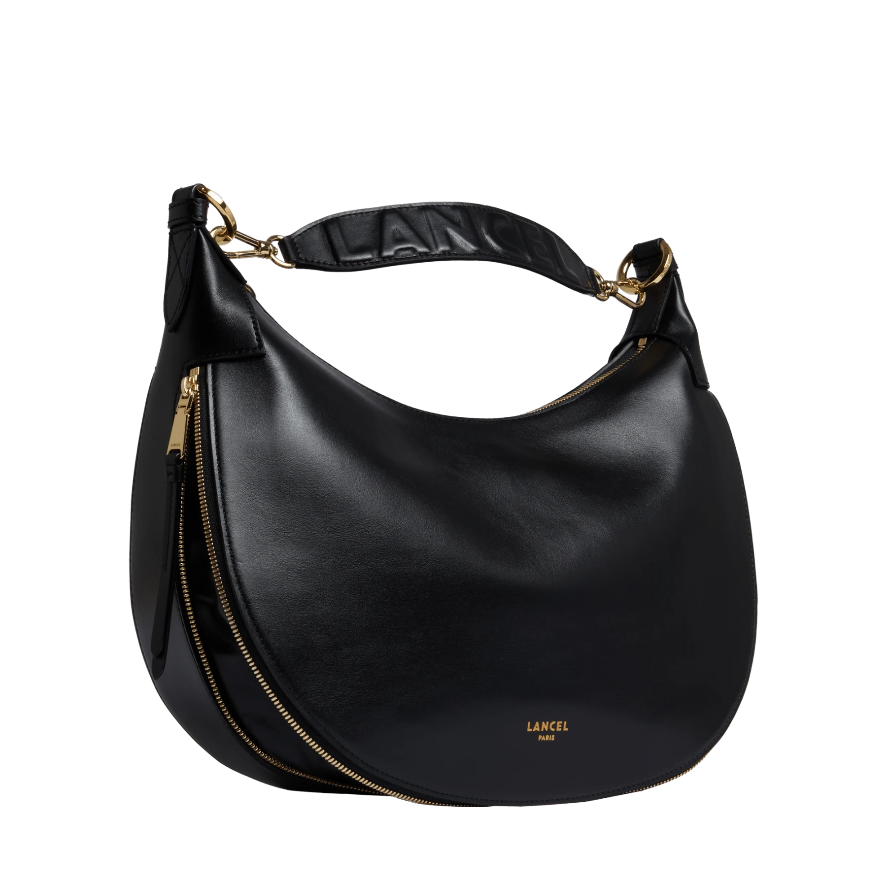 Black Medium Smooth Leather Hobo Shoulder Bag with Logo Strap Gallery