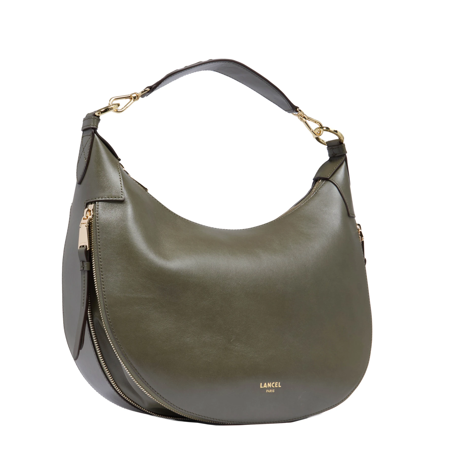 Dark Khaki Medium Smooth Leather Hobo Shoulder Bag with Logo Strap Gallery