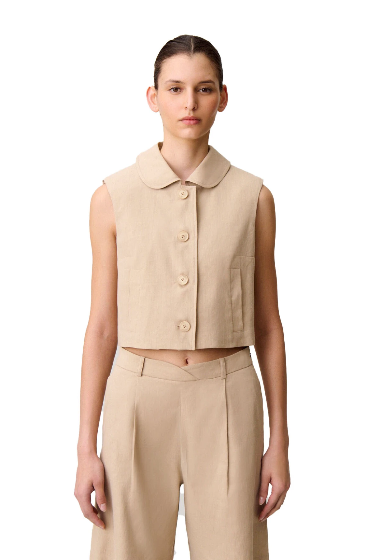 Short Tailored Sleeveless Linen Jacket Gallery
