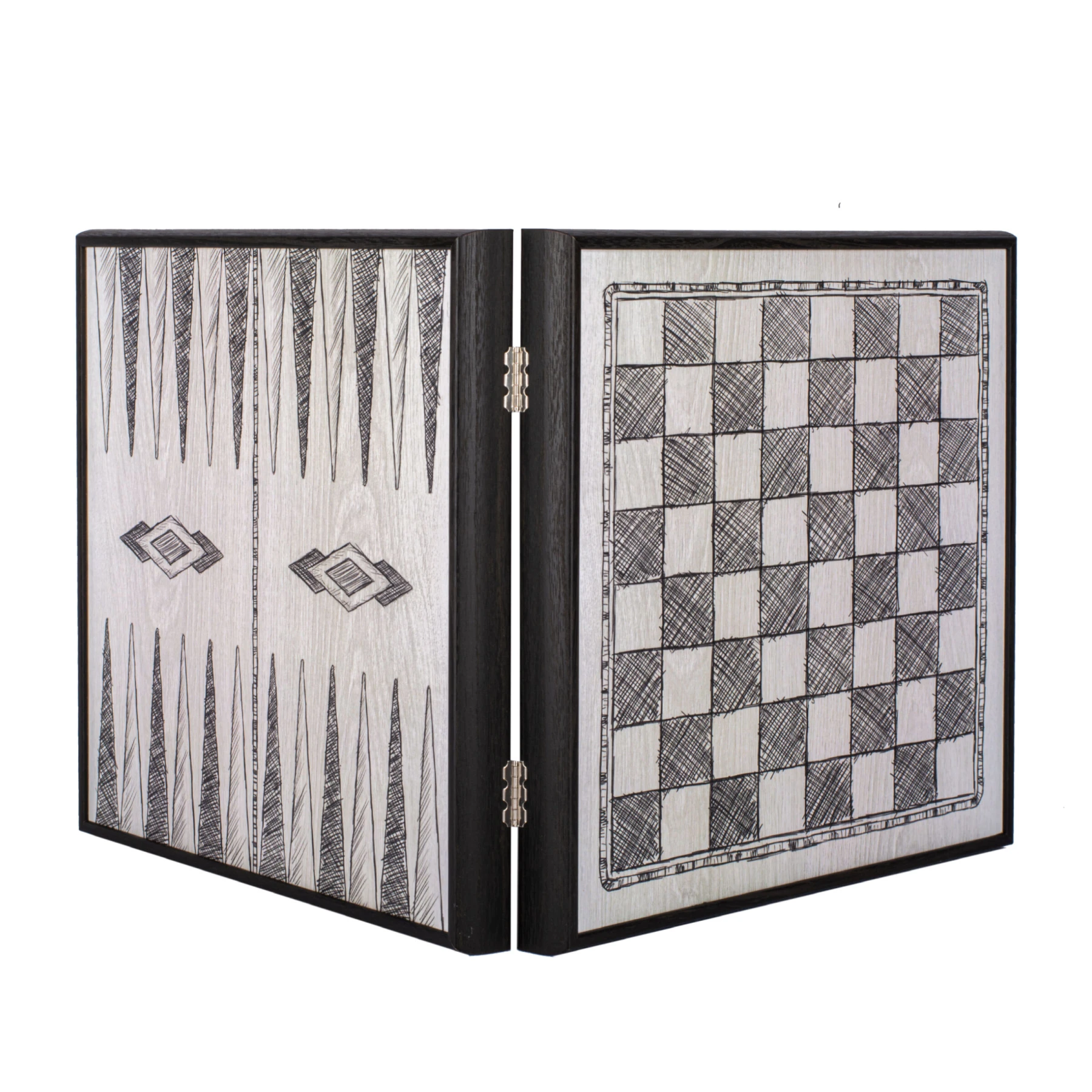 Chess/Backgammon/Ludo/Snakes  - Freehand Drawing Sketch in Black - Walnut replica wooden case Gallery