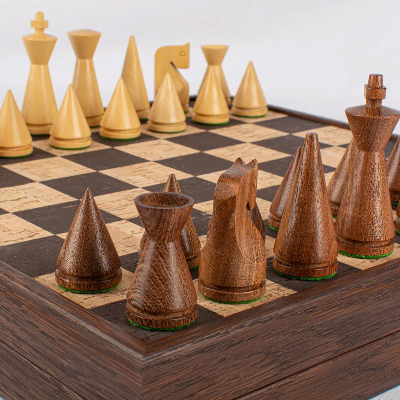 Brown Natural Cork Chessboard 34cm Inlaid on wooden box with natural & brown chessmen Gallery
