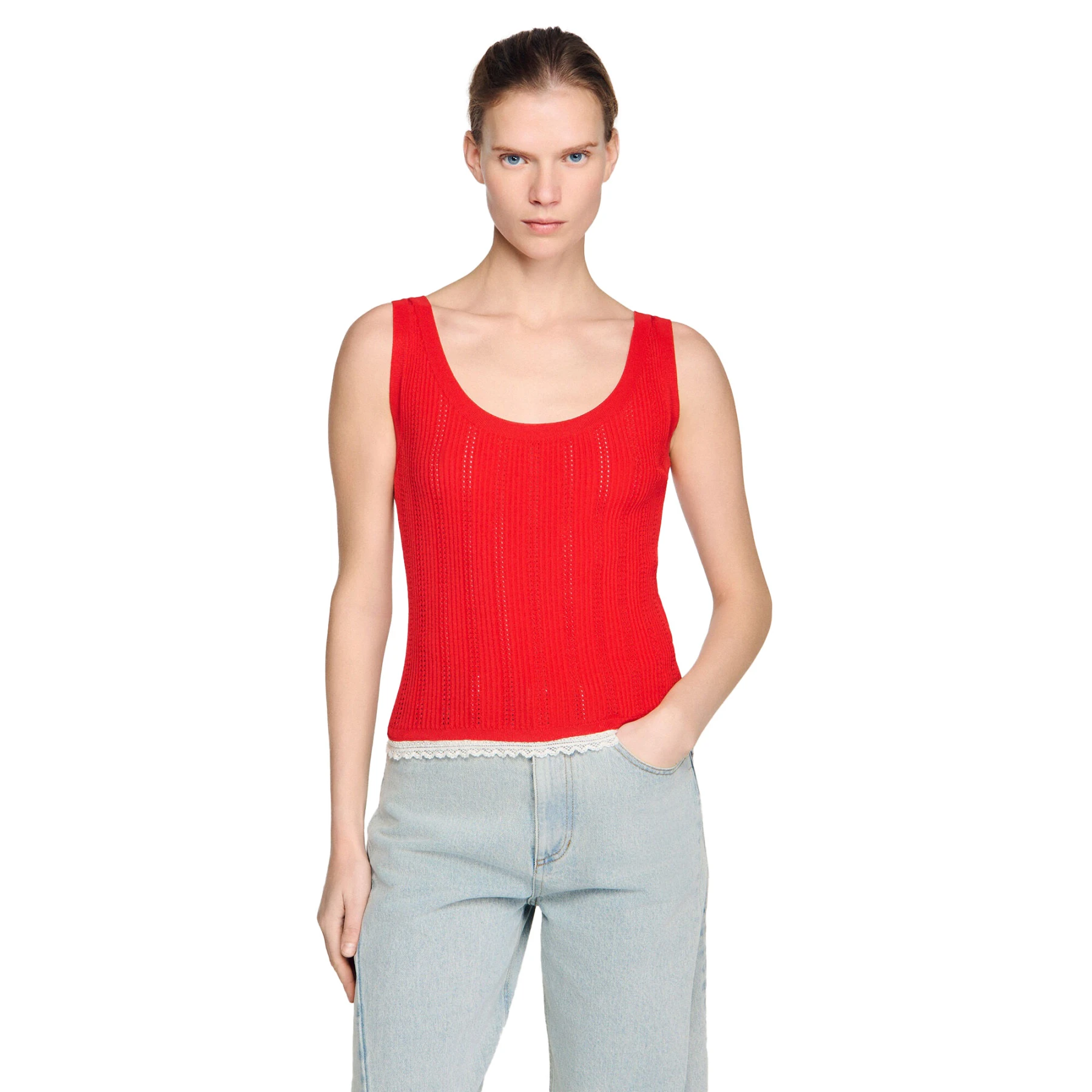 Slim Fit Knit and Lace Top Gallery