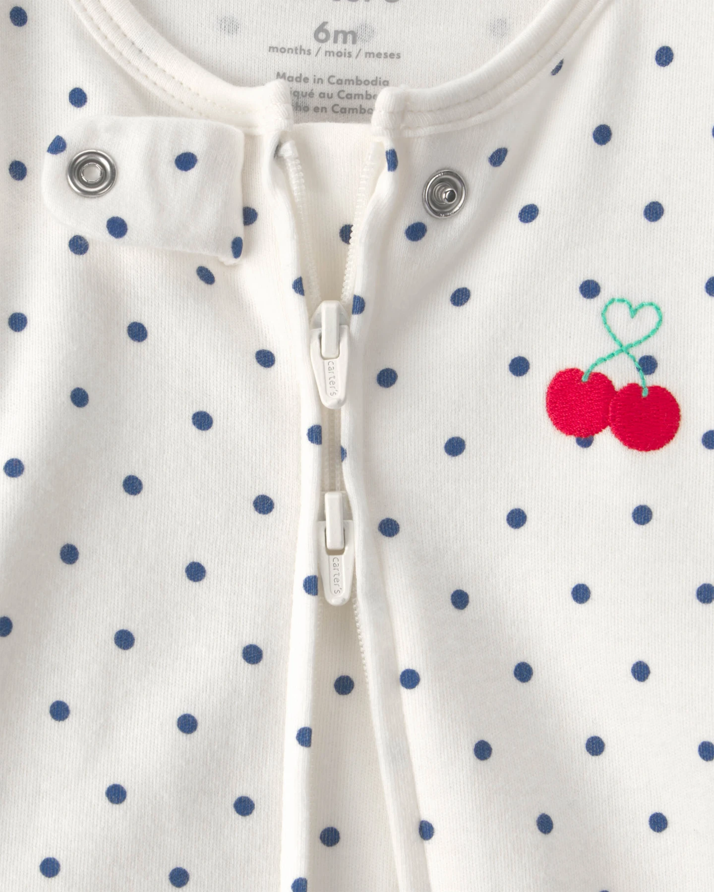 Kids Baby Girl Cherry 2-Way Zip 100% Cotton Sleeper - White Gallery