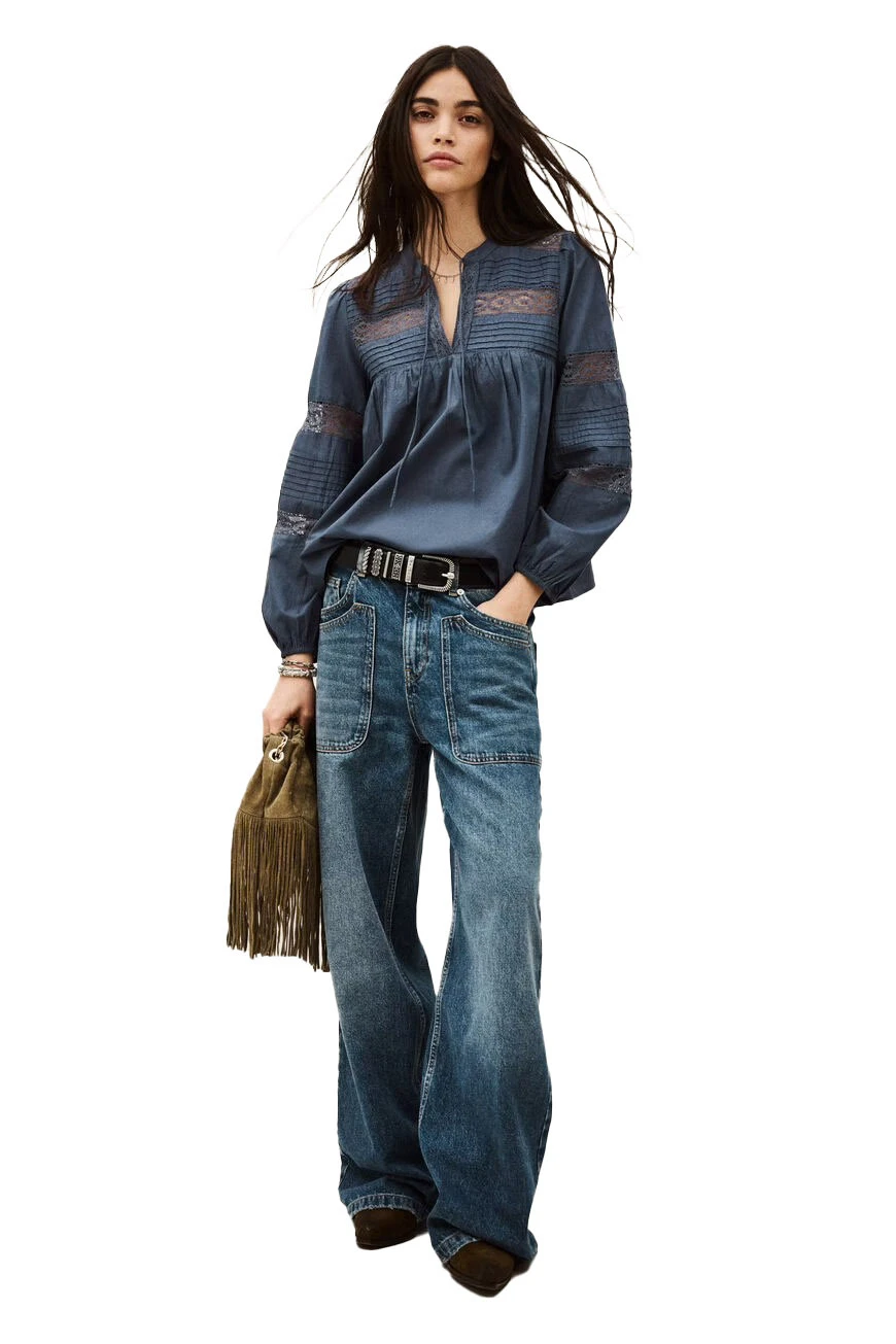 Embroidered Lace Pintuck Long Sleeve Blouse Gallery