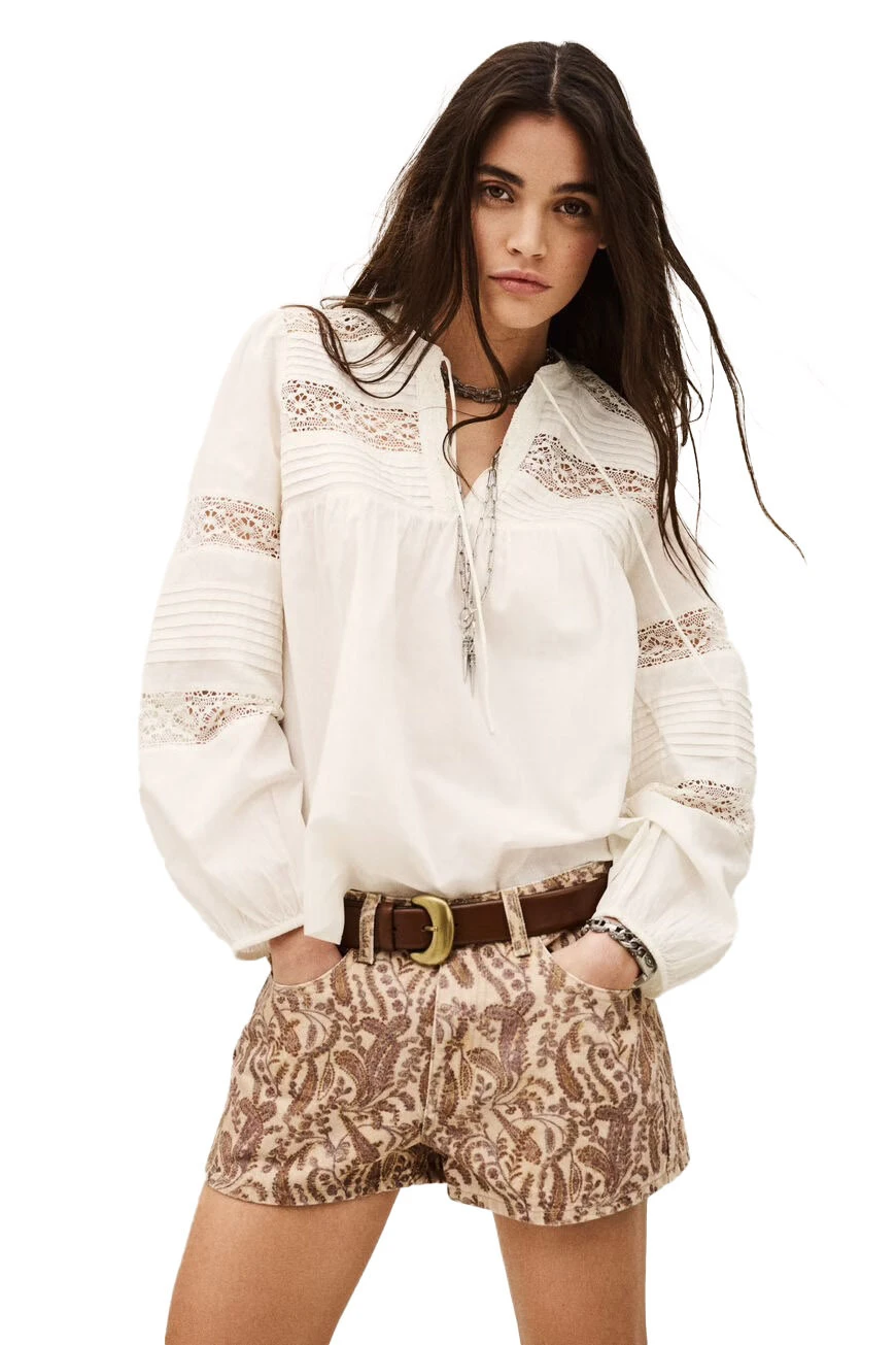 Embroidered Lace Pintuck Long Sleeve Blouse Gallery