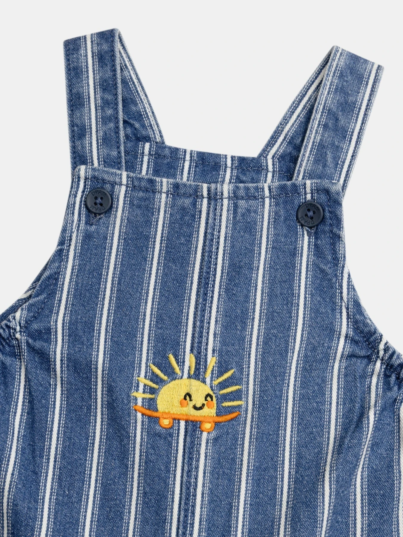 Blue & White Striped Denim Overalls with Sun Embroidery Gallery