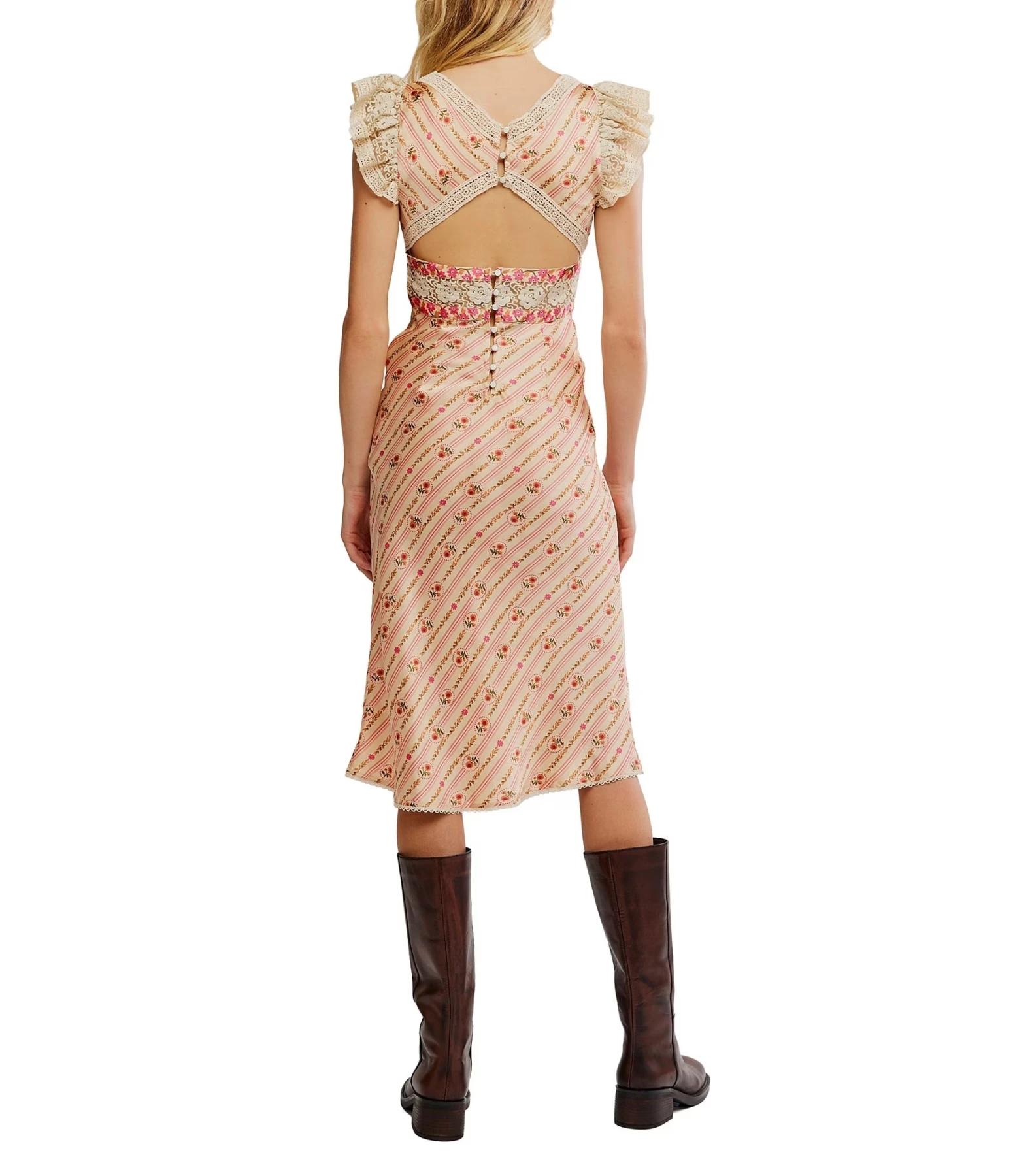 Floral Print Deep V-Neck Cap Sleeve Lace Dress Gallery