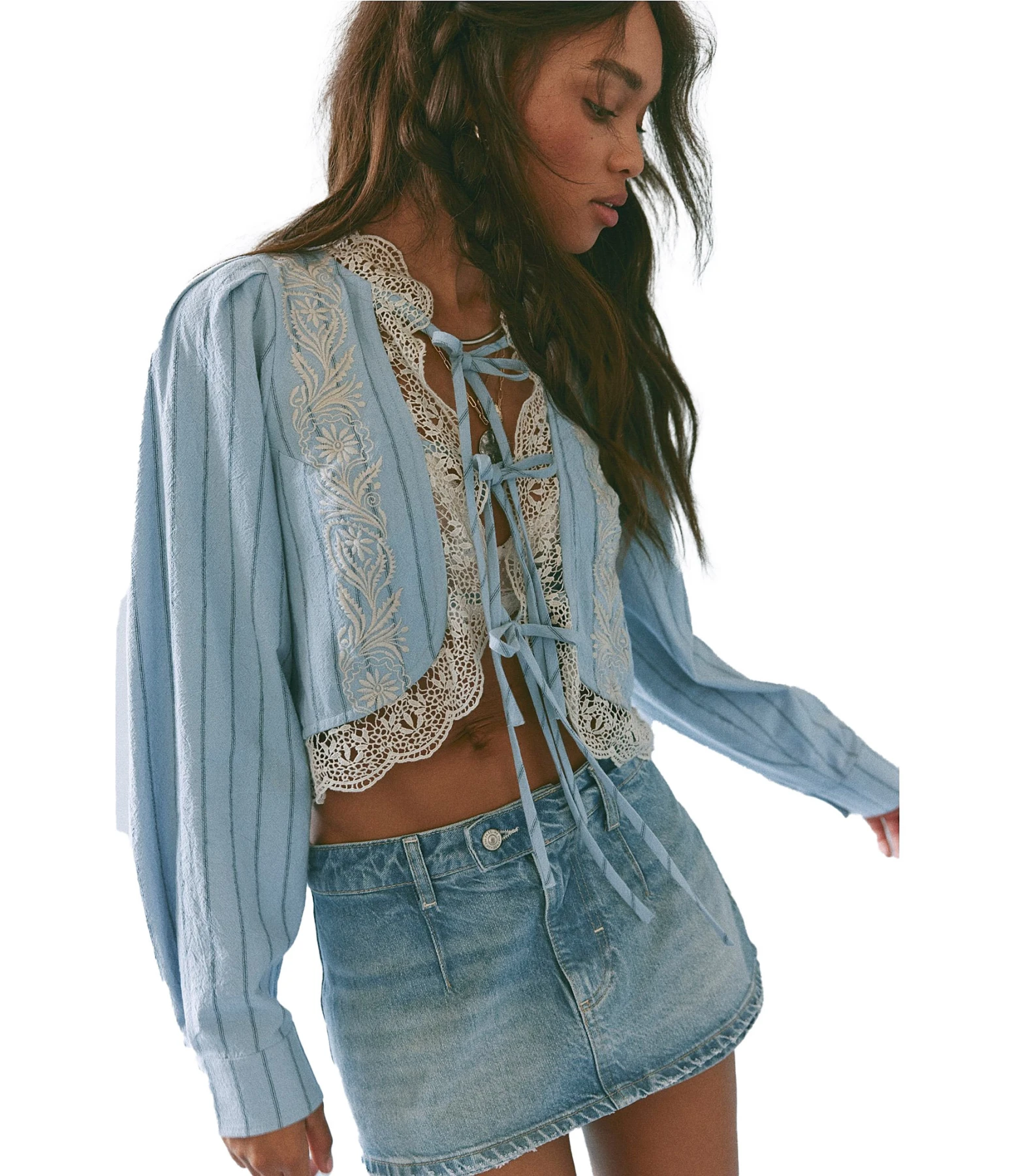 Tie Front Lace Trim Long Balloon Sleeve Blouse Gallery