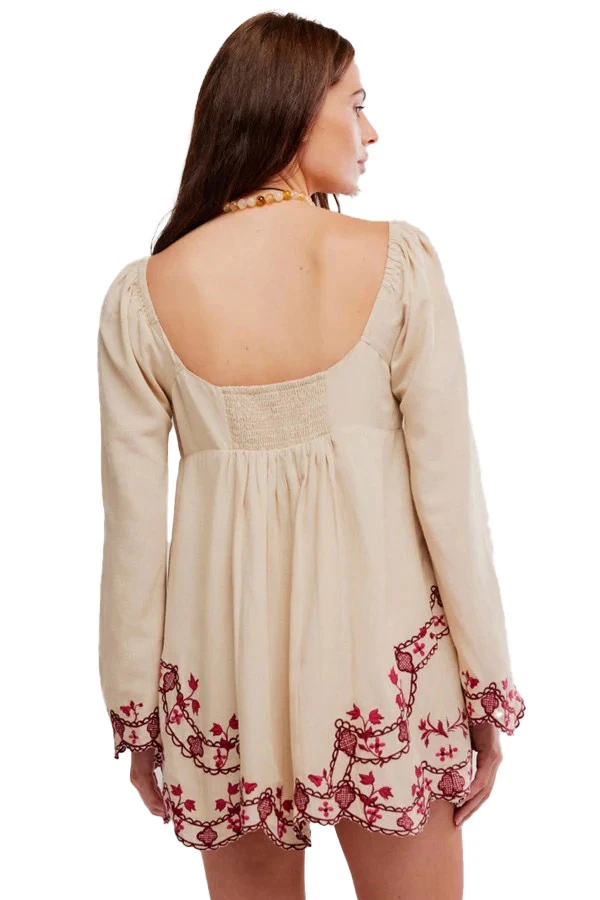 Bohemian Embroidered Mini Dress with Flared Bell Sleeves Gallery