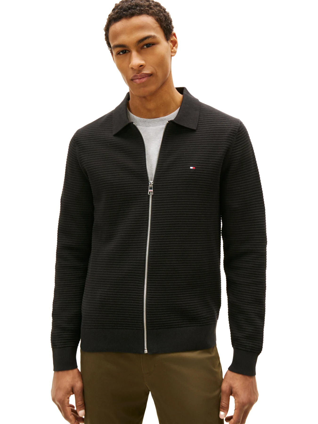 Textured Knit Zip-Thru Polo Cardigan Gallery