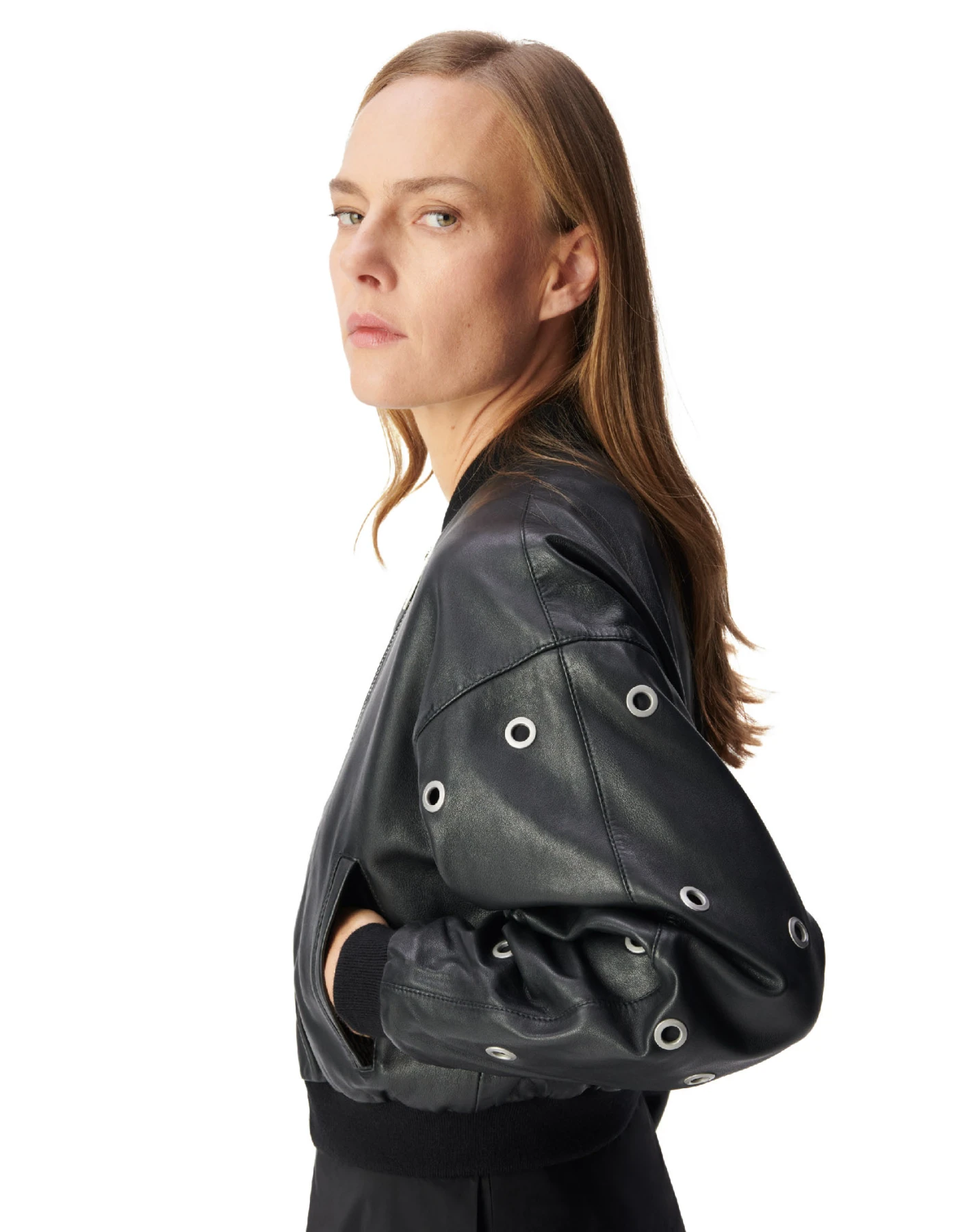 Leather Short Bomber Jacket with Maxi Eyelet Design Gallery