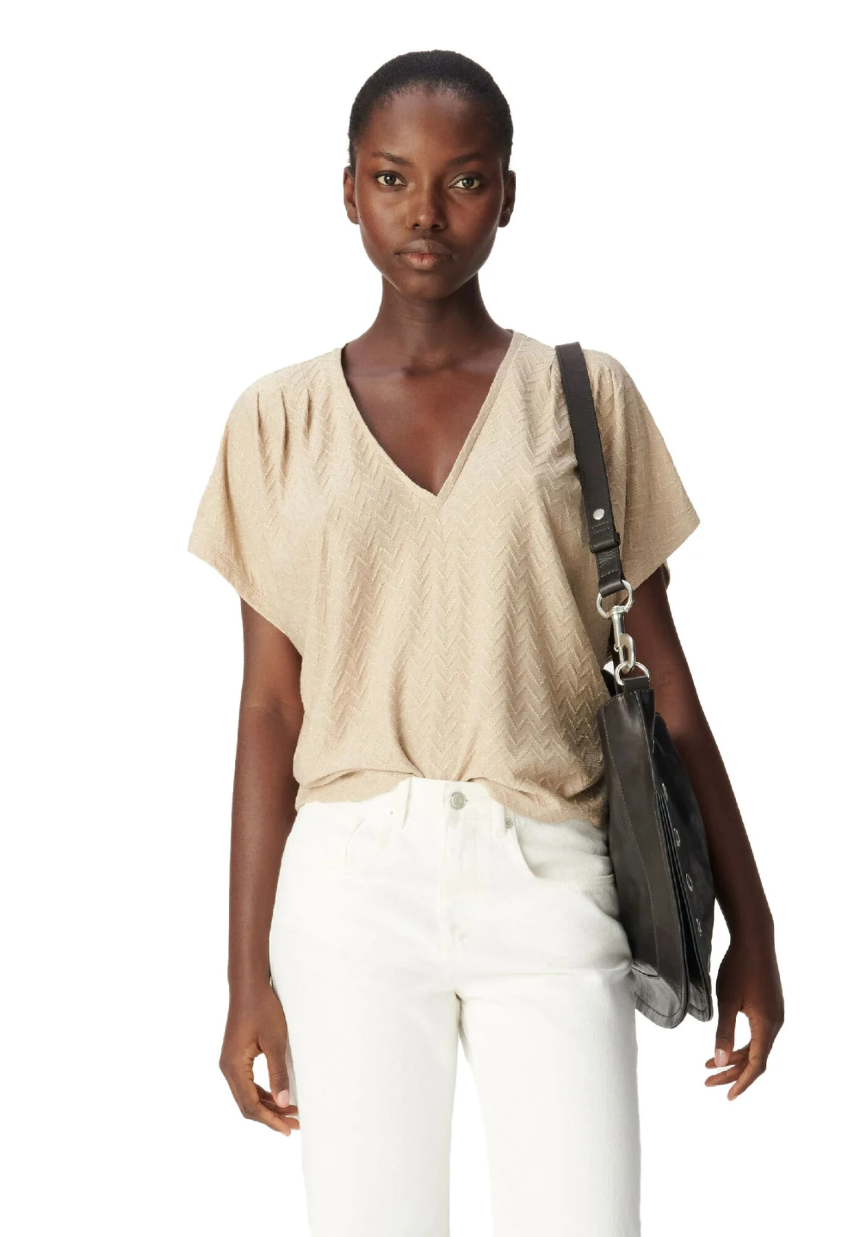 Flowing V-Neck Herringbone Knit T-Shirt Gallery