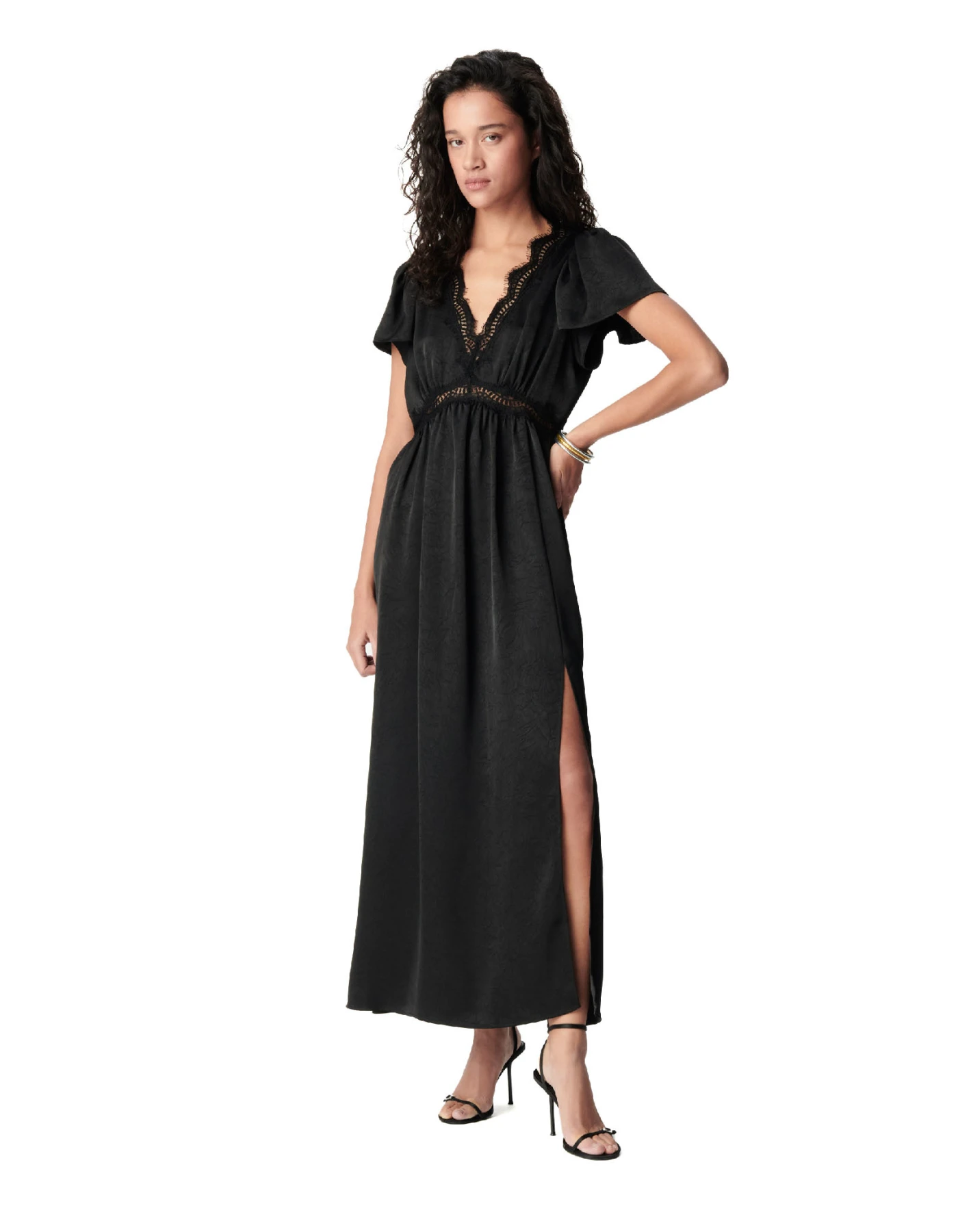 Satin Maxi Dress With Crinkled Lace Details Gallery