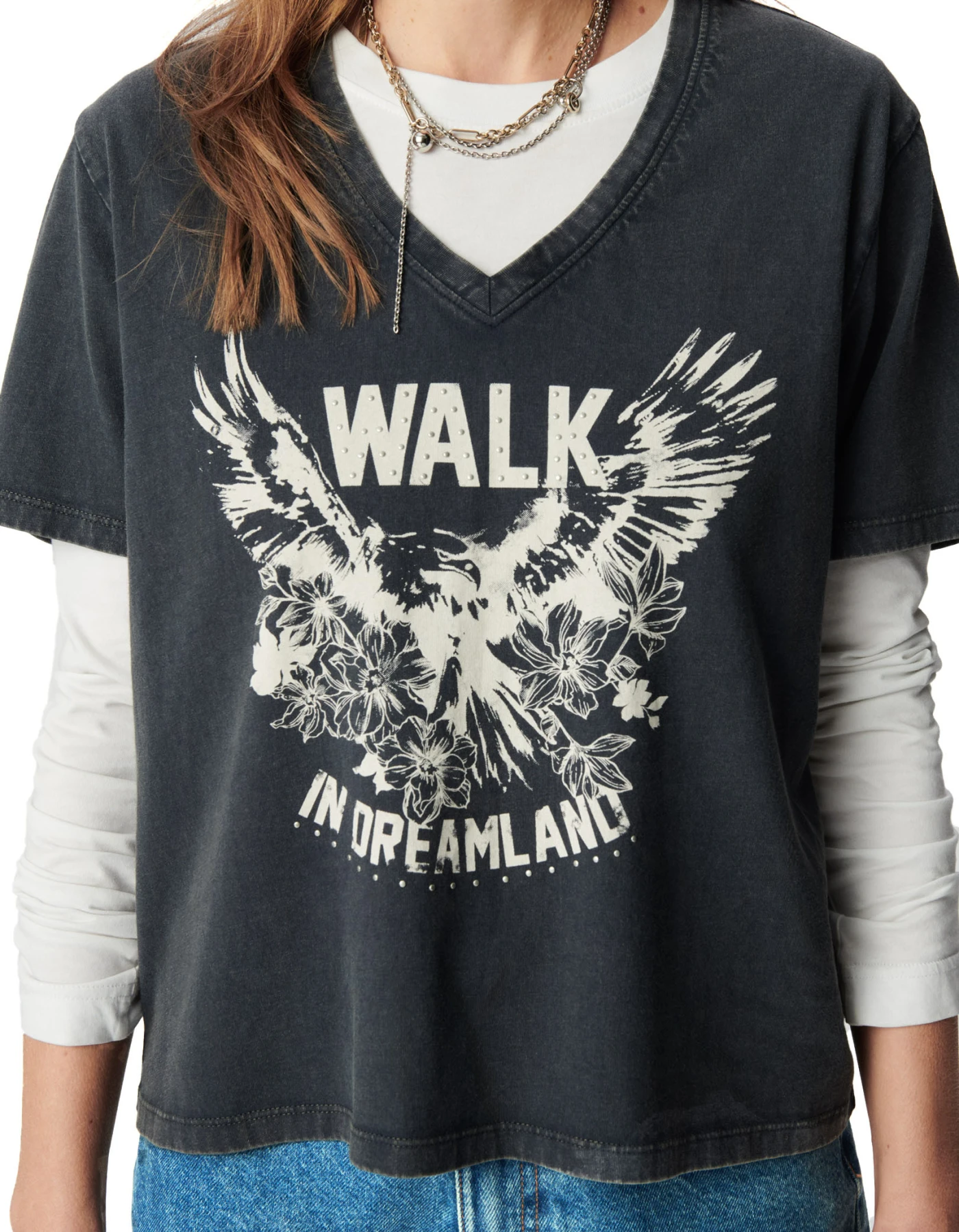 Organic Cotton Faded Visual Eagle V-Neck T-Shirt Gallery