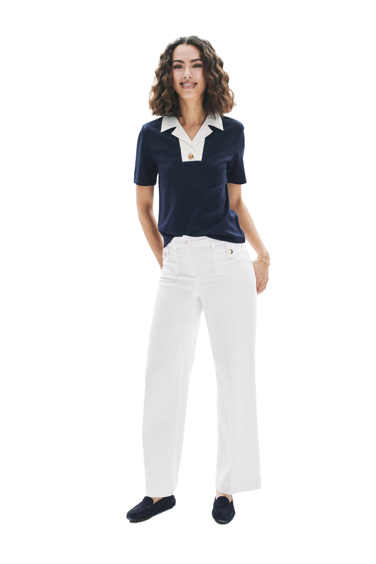 Bi-Color Short Sleeve Knit Top with Gold Button Detail Gallery