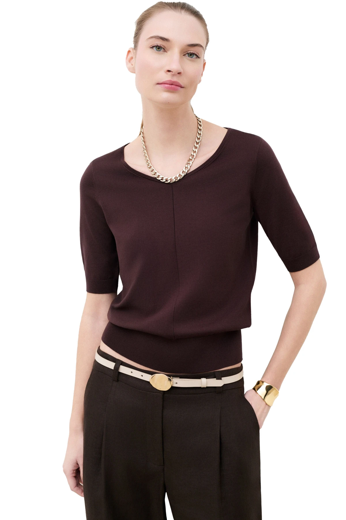 Short-Sleeve Sweater with Ribbed Trim Gallery