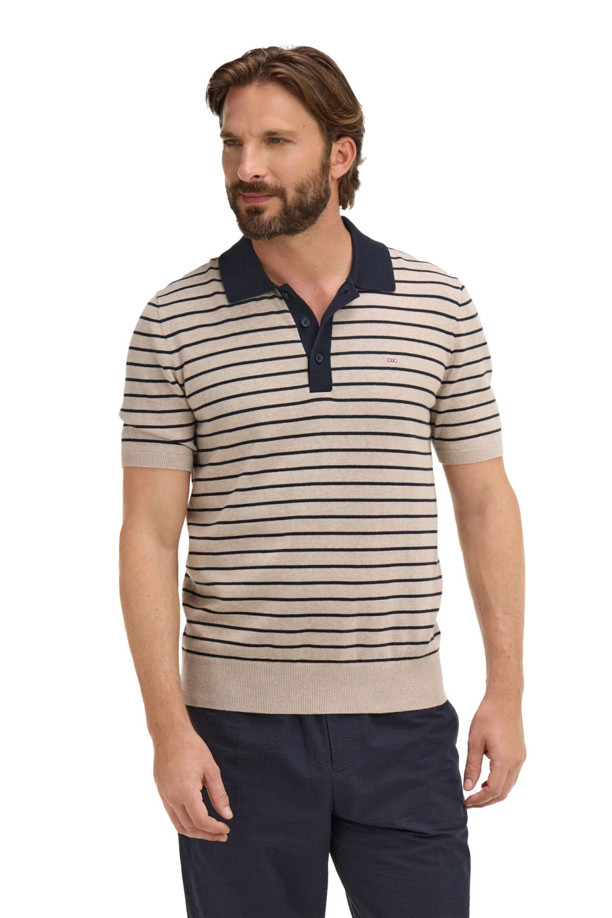 Short-Sleeve Striped Polo Collar Cotton Sweater Gallery