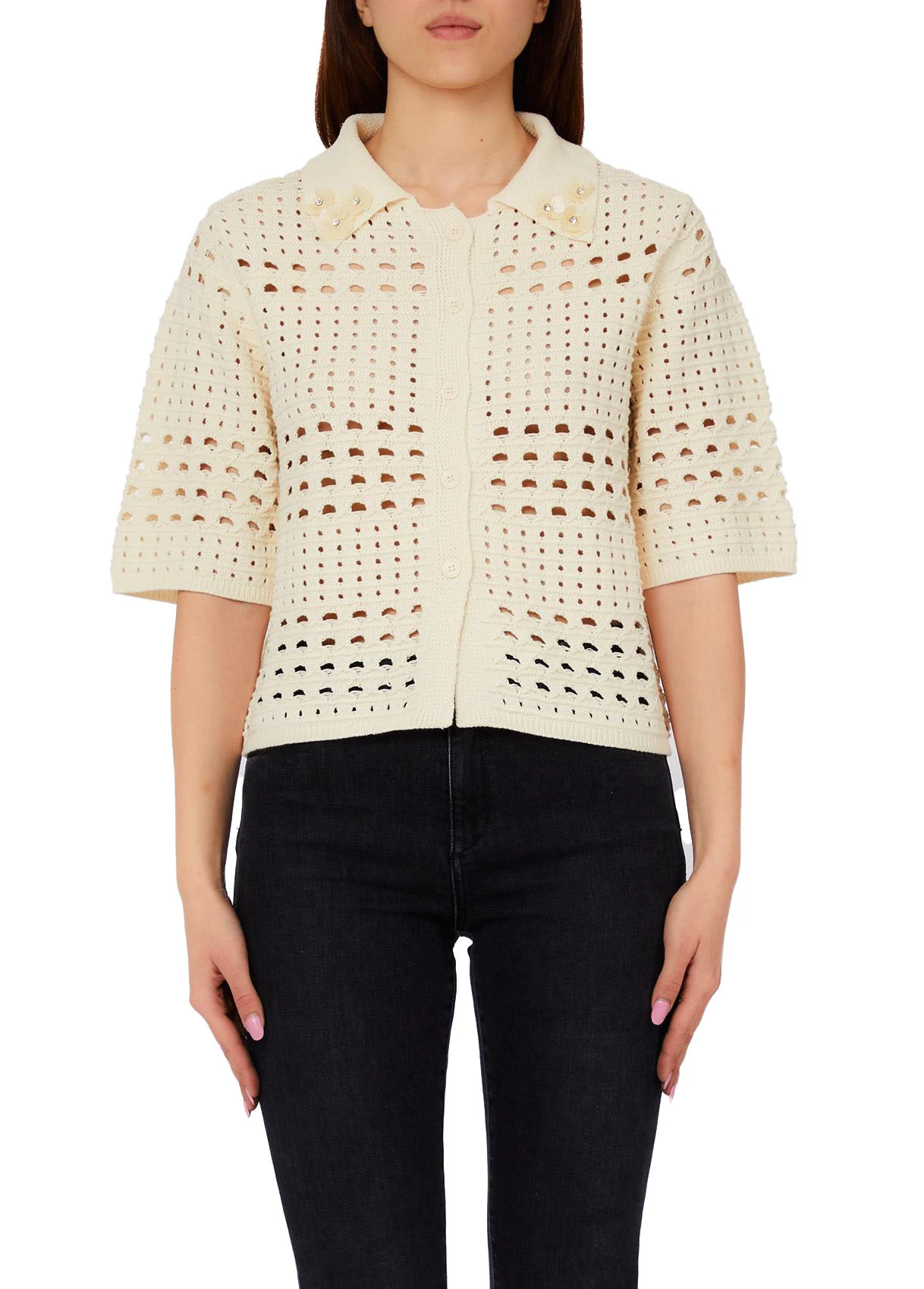 Short-Sleeved Open-Knit Cardigan Gallery