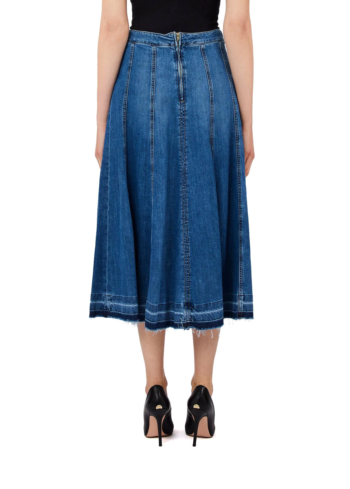 Paneled Denim Midi Skirt with Frayed Hem Gallery