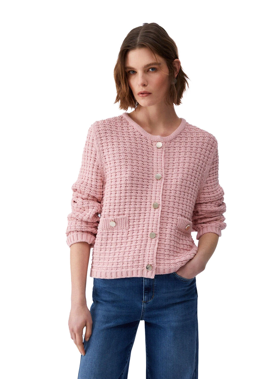 Bark-stitch Knit Cardigan with Front Pockets Gallery